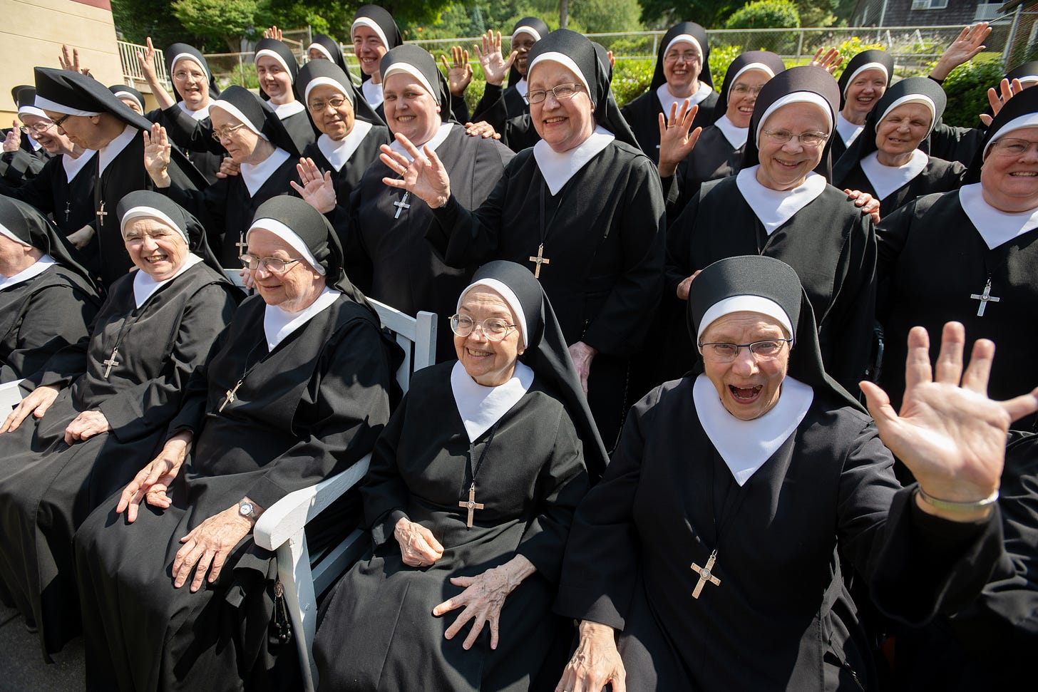 A panoramic portrait of the Sisters outside their Motherhouse